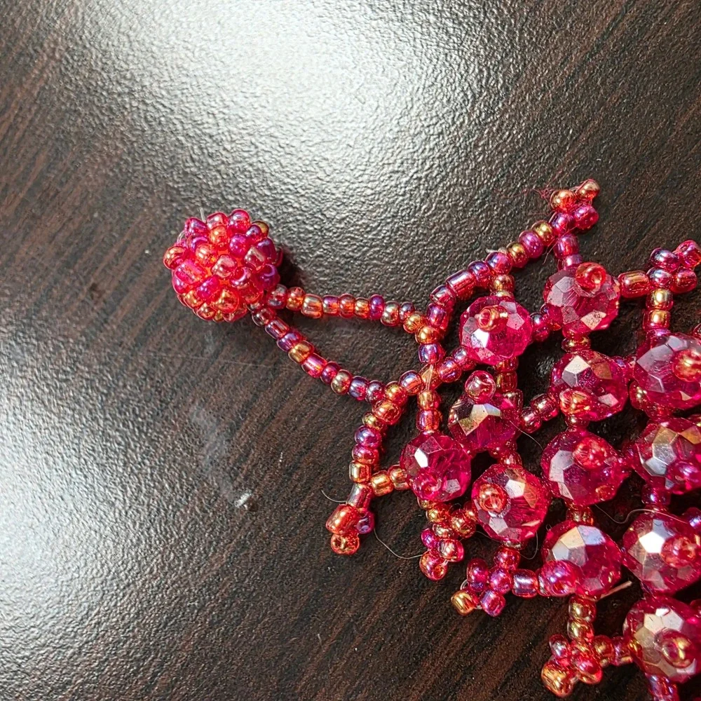 Handmade Magenta Red Beaded Cuff Bracelet Faceted Glass Seed Bead Statement 7.5